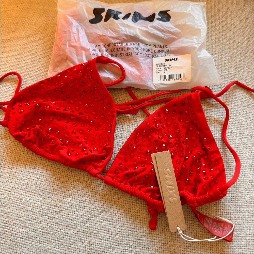 SKIMS XL bikini top and M bikini bottom RED Rhinestone. NWT